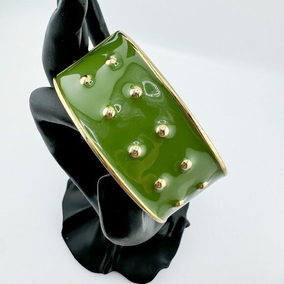 Vintage Green Enamel Cuff Bracelet Reversible Gold-Tone Studs Retro Glam Dots - Picture 6 of 13
